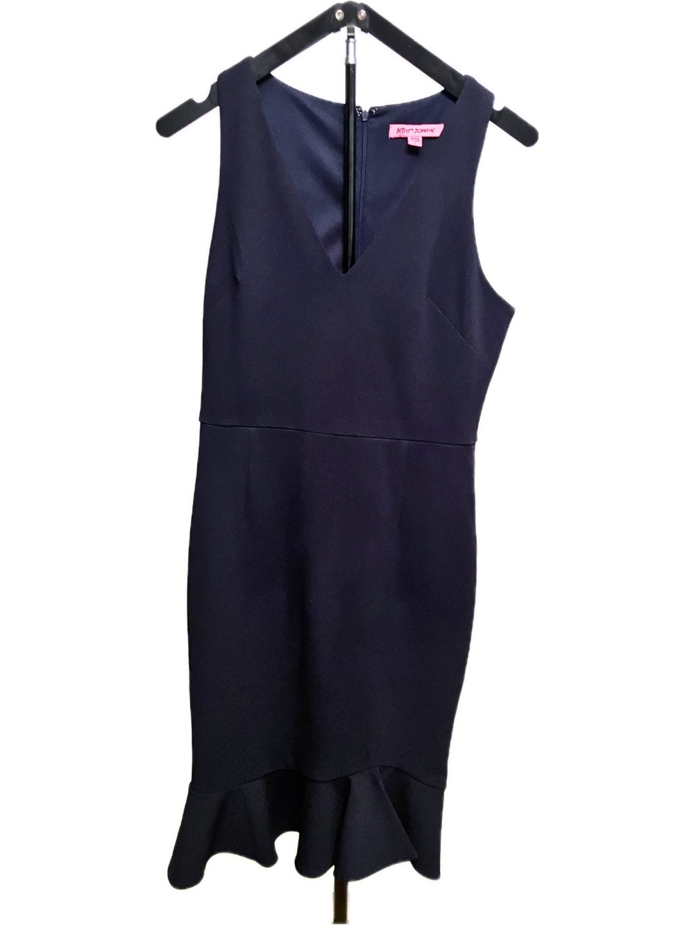 Betsey Johnson Dark Navy Scuba Crepe V-Neck Ruffle Flounce Hem Dress - Size 6